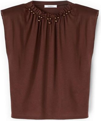 Motivi T-shirt met geplooide halslijn en applicaties - Dames - Blouses - Bruin - S - Overhemden