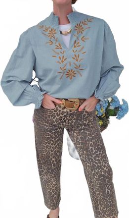 Merci Embroidered Smocked Mock Neck Top In Blue