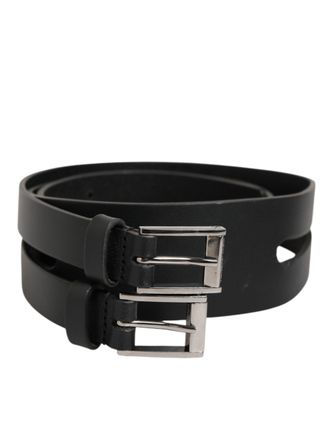 Dolce & Gabbana Black Double Strap Leather Silver Buckle Mens Belt