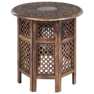 Beliani Mesa Auxiliar De Madera De Mango Oscura 53 Cm Dise&ntilde;o Tallado Tradicional Kumali