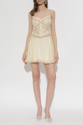 Self Portrait Short Dress With Lace Inserts, Womens, Yellow