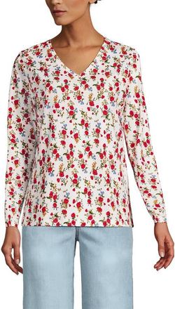 Lands End Supima Cotton Long Sleeve V-Neck T-Shirt in Ivory Mini Poppy Floral at Nordstrom, Size Small