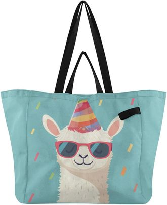 Generic Llama Teal Blue pattern Reusable Canvas Tote Bag, Heavy Duty Grocery Shopping Bag with Large Capacity Hard Bottom Double Handles Work Groceries Travel