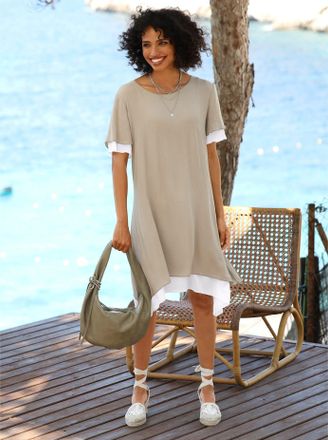 Heine Sommerkleid HEINE Kleid, Damen, Gr. 34, Normalgr&ouml;ssen, schlamm, 100% Viskose, unifarben, kurz, Rundhals, Kleider Sommerkleid