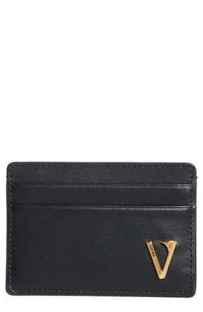 Versace V-Emblem Leather Card Case in Black-Versace Gold at Nordstrom