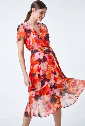 Roman Floral Print Chiffon Wrap Dress