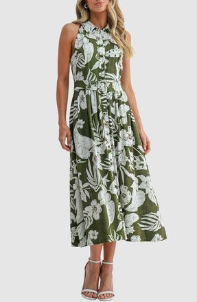 Mila Mae Belted Sleeveless Cotton Midi Dress in Green Floral at Nordstrom, Size X-Large