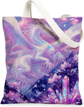 Generic Dragon Canvas Tote Bags, Floral Gemstone Pattern Reusable Grocery Bags, Ethereal Lightweight Washable Shoulder Strap Canvas, Violet, 13x15 Inch