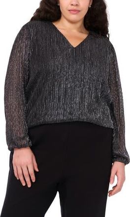 Halogen Metallic Pliss&eacute; V-Neck Top in Black/Silver at Nordstrom Rack, Size 3X