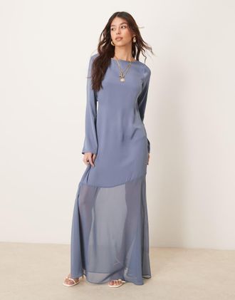 Asos long sleeve satin chiffon maxi dress in blue