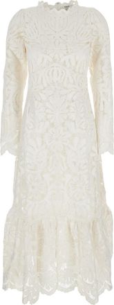 Sea New York agathe Applique White Crewneck Long Dress With Asymmetric Hem In Tech Fabric Woman