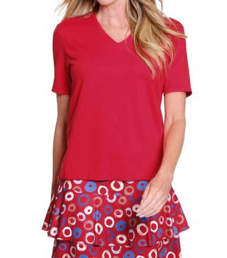 Multiples Short Sleeve V- Neck Top In Fieryr Ed