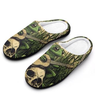 Generic Frog Playing Banjo on Skull Womens Slippers Warm House Slippers Indoor House Shoes with Anti-Skid Rubber Sole