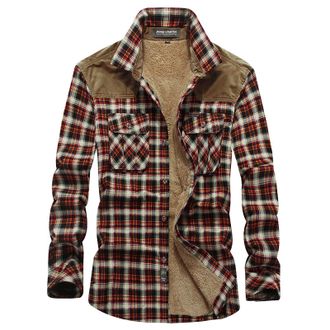 Generic Mens Outdoor Jackets Winter Mens Long Sleeved Shirt Plus Fleece Thick Warm Shirt Cargo Plaid Clothes (Red, L)