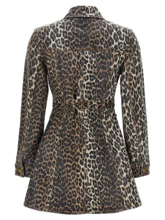 Ganni Leopard Print Cotton Denim Dress - Black
