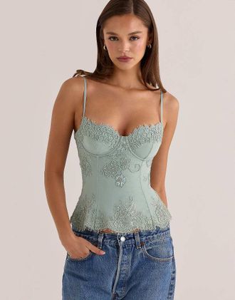 House of CB Soraya top impreziosito con perline applicate a mano su misura, edizione limitata, in jade-Verde
