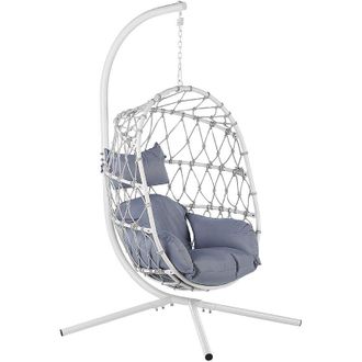 Beliani Silla Colgante Con Soporte Blanco Gris Coj&iacute;n Suave Sala De Estar Exterior Adria