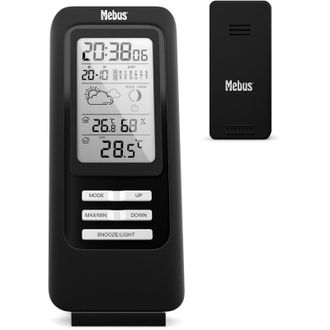 Mebus Stazione meteo radiocomandata con sensore esterno, termometro/igrometro, orologio radio, indicatore di benessere della stanza, previsioni meteo con