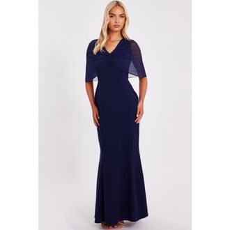 Quiz Scuba Crepe Maxi Dress with Mesh Cape in Navy at Nordstrom, Size 12