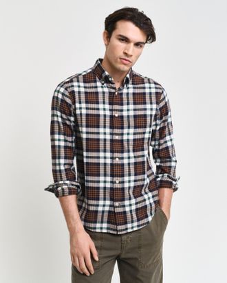 GANT Langarmhemd GANT REG FLANNEL PLAID SHIRT, Herren, Gr. L, N-Gr, braun (cacao), Flanell, Obermaterial: 100% Baumwolle, kariert, Hemden Langarmhemd