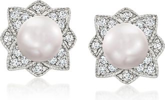 Ross-Simons 6-6.5mm Cultured Pearl North Star Earrings With. Diamonds in Sterling Silver