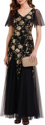 Ever-pretty Women Dress Floor Length Evening Dresses Sequin V-Neck with Natural Waist and Short Sleeves Black Gold 18UK