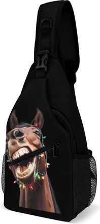 Generic Funny Horse with Christmas Lights Wrapped Unisex Shoulder Bags Casual Crossbody Chest Bag Sling Backpack for Hiking Cycling Travel