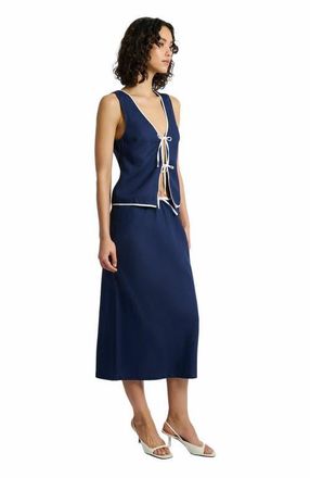 Onia Air Linen Midi Skirt in Deep Navy/white at Nordstrom, Size Medium