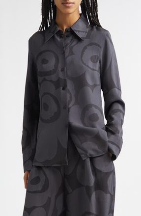 Marimekko Vivahde Unikko Twill Button-Up Shirt in Black Dark Grey at Nordstrom, Size 4 Us