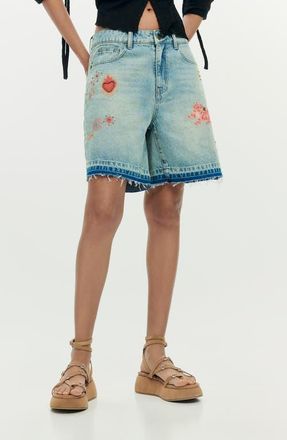 Desigual Beaded Appliqu&eacute; Denim Shorts in Light Blue at Nordstrom, Size 34
