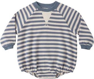 Rylee + Cru Stripe Crewneck Cotton French Terry Bubble Romper in Marine at Nordstrom, Size 18-24M