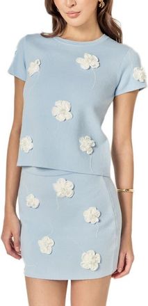 English Factory Floral Ebellished Short Sleeve Knit Top in Powder Blue/White at Nordstrom, Size X-Small