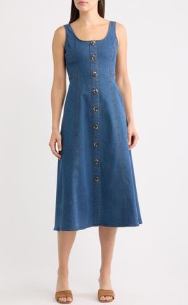 Anne Klein Button Detail Sleeveless Flared Denim Dress in Hudson Wash at Nordstrom, Size Xx-Small