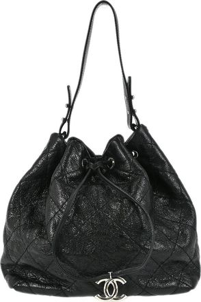 Chanel On The Road Drawstring Bucket Bag Quilted Leather Black Calfskin Handbag (Pre-Owned)