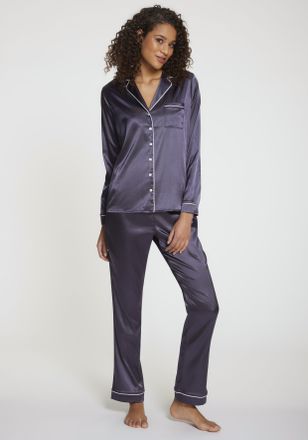 s.Oliver Pyjama S.OLIVER, Damen, Gr. 46, blau (dunkelblau), Satin, Obermaterial: 95% Polyester, 5% Elasthan, unifarben, bequem lang, V-Ausschnitt, eingesetzt M