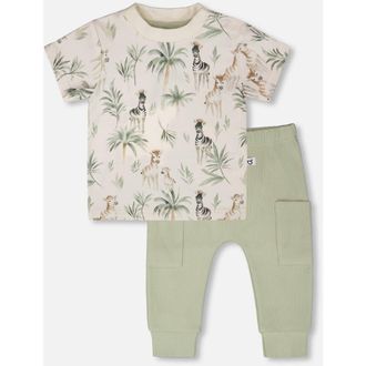 Deux par Deux Organic Cotton Jersey T-Shirt and Cotton Rib Zebra Print Pants Set in Beige Zebra Print & Sage Green at Nordstrom, Size 3M