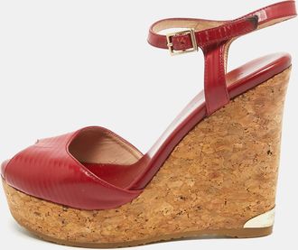 Jimmy Choo London Red Leather Pela Cork Wedge Sandals