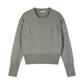 Patrizia Pepe Ronde hals trui met logo - Dames - Ronde hals truien - Grijs - M - Wol - Truien & Vesten