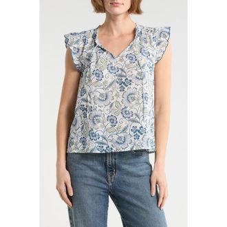 Lucky Brand Floral Cap Sleeve Cotton Top in Blue Multi at Nordstrom Rack, Size X-Small