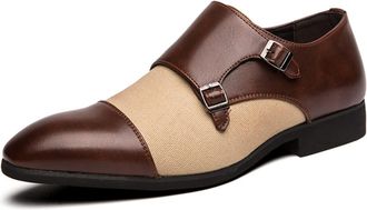 Generic Dress Shoes for Men Slip On Double Monk Strap Two Tone Cap Toe PU Leather Slip Resistant Rubber Sole Anti-Slip Block Heel Outdoor(Brown,10.5 UK)