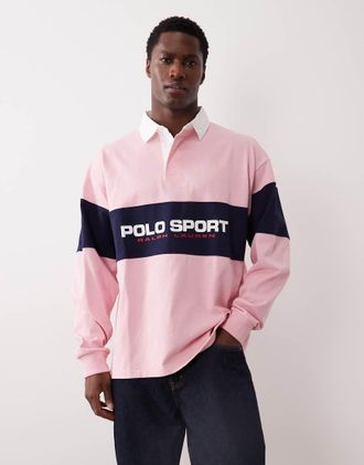 Polo Ralph Lauren Polo sportiva oversize stile rugby rosa con pannello con logo sul petto e bandiera