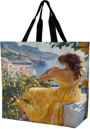 Generic Beautiful Woman Italy Coast Large Reusable Shopping Bag Lightweight Foldable Tote Bags Washable Shoulder Handbag