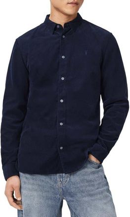 AllSaints Birchwood Fine Wale Corduroy Button-Up Shirt in Sapphire Blue at Nordstrom, Size Xx-Large