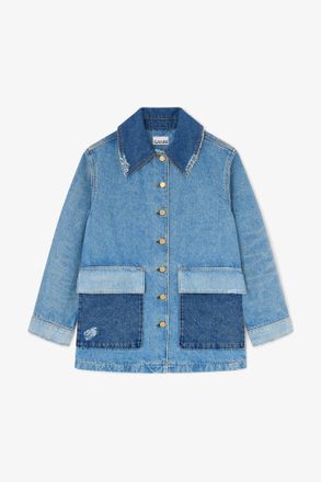 Ganni Blue Jacket in Patchwork Denim - Size XXS/XS Organic Cotton