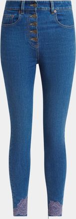 Valentino Garavani Lace-Hem Denim Skinny-Leg Ankle Jeans