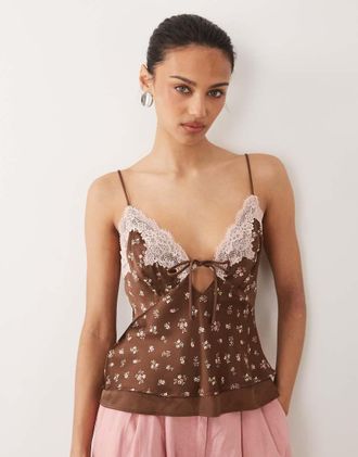 Abercrombie & Fitch Canottiera double-face con stampa a fiori-Marrone
