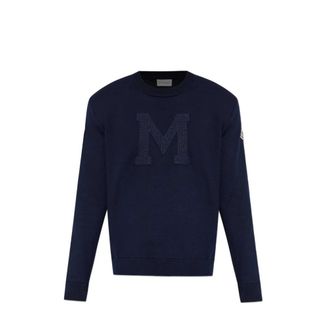 Moncler M Logo Crewneck Jumper - male - Moncler - Round-neck Knitwear - Blue - XL - Knitwear