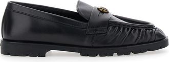 Pinko Black Loafers With Metallic Logo On The Front In Crumpled Leather Woman