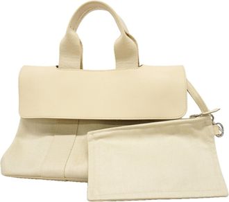 Herm&egrave;s Ivory Toile Chevron Tote Bag (Pre-Owned)