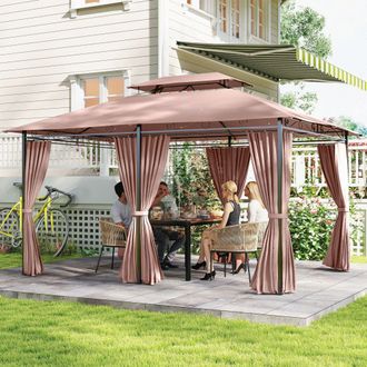 OUTSUNNY 4m x 3(m) Outdoor 2-Tier Steel Frame Gazebo w/ Curtains Outdoor Garden in Brown